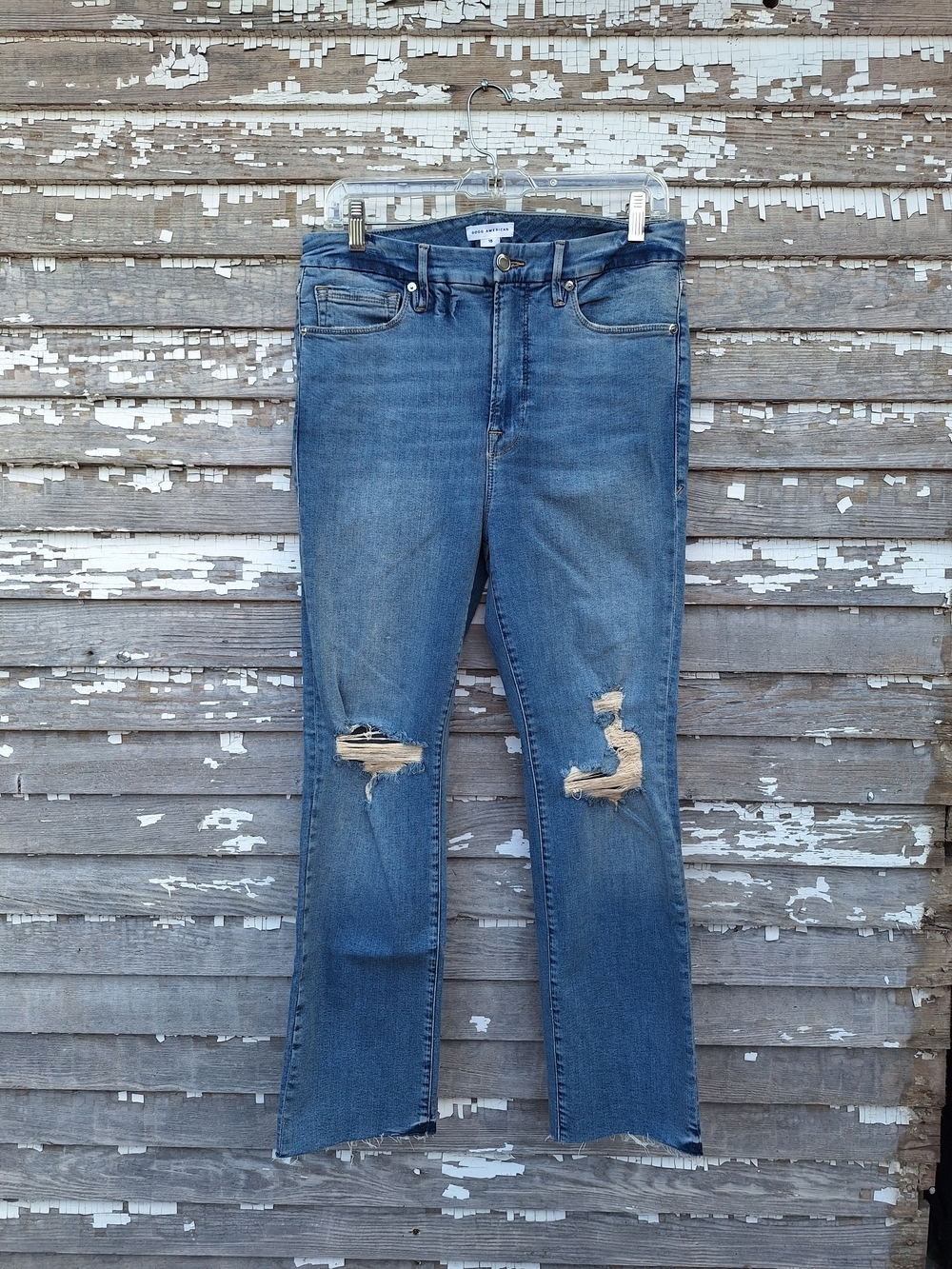 Good American Good Legs Distressed Straight Leg Blue Jeans Size 15